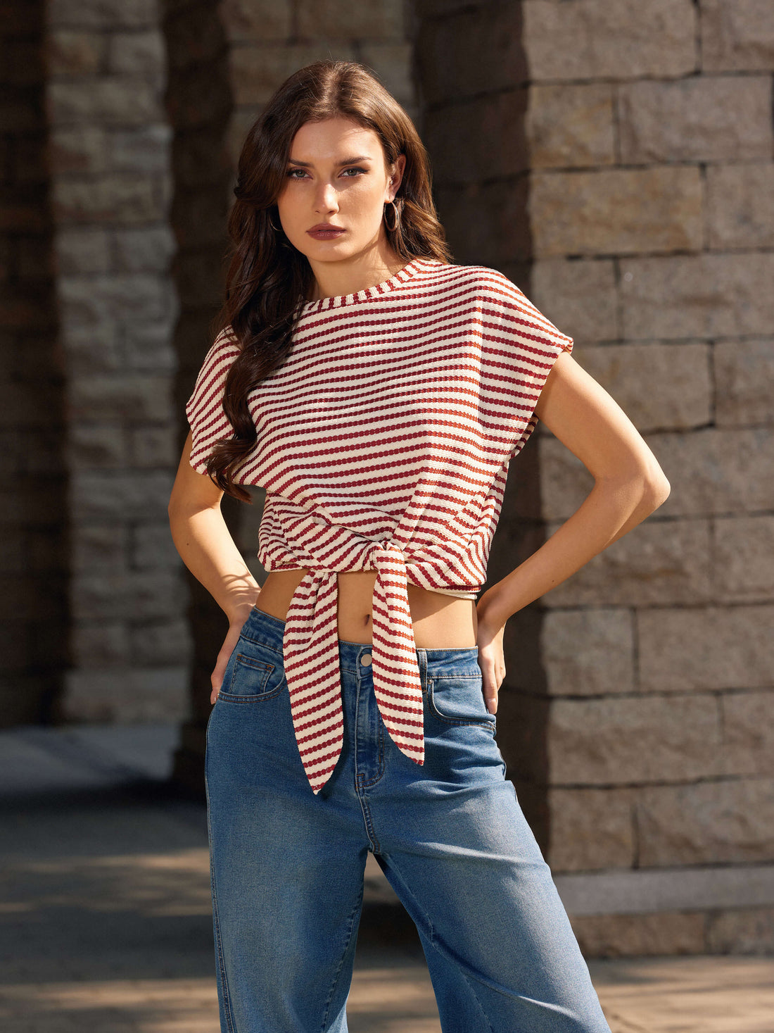 Summer Striped Cap Sleeve Crew Neck Tie Knot Crop Tops