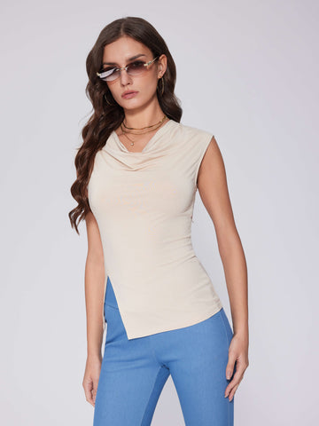 Cowl Neck Side Split Hem Sleeveless Going Out Tops