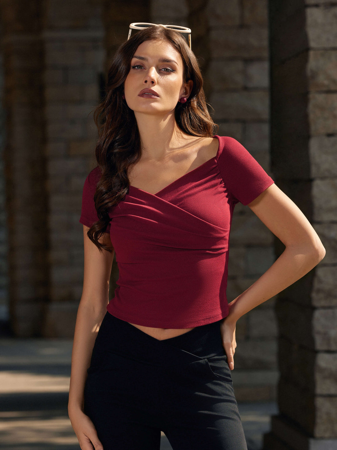 Summer Short Sleeve V Neck Slim Fit Ruched Going Out Crop Top