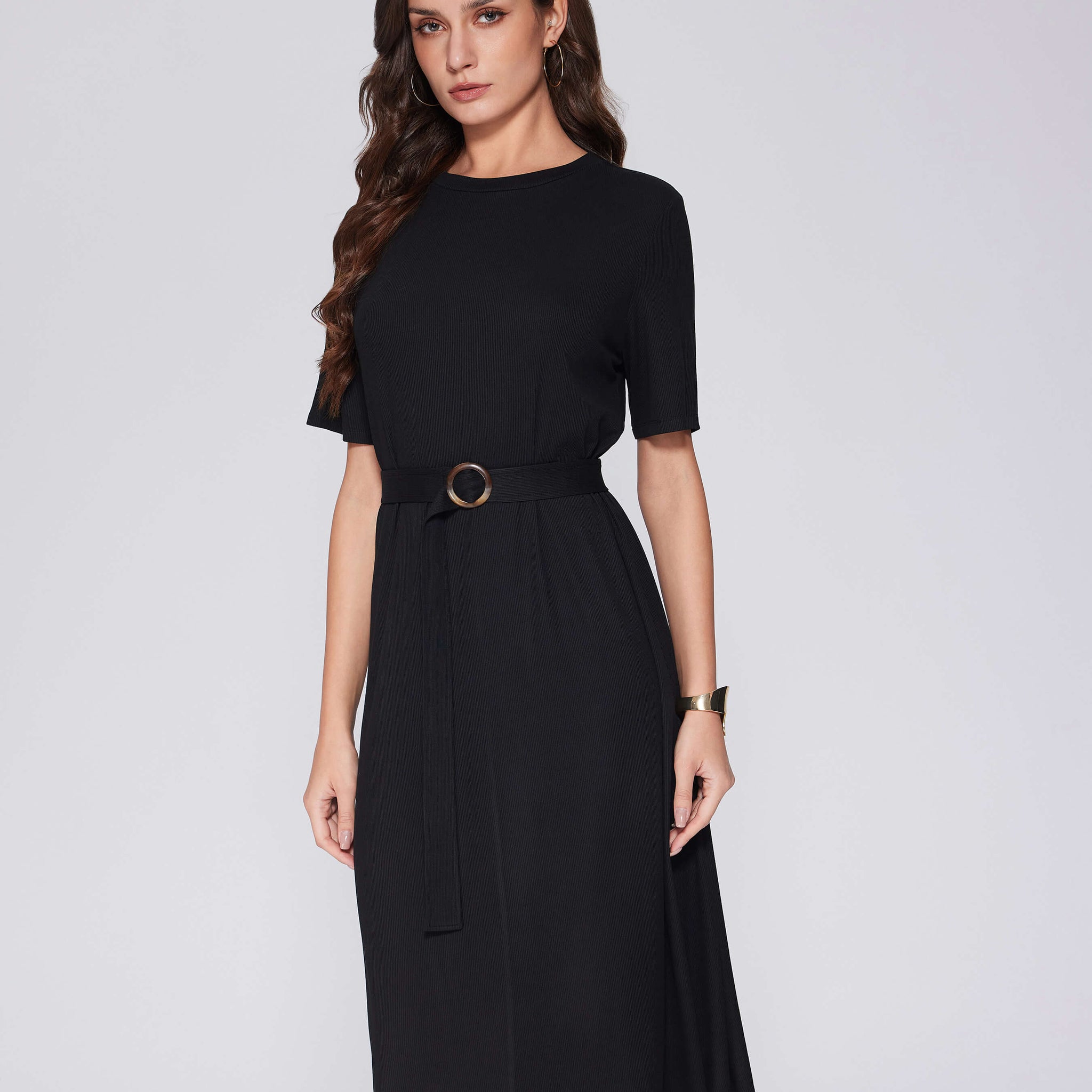 Casual Short Sleeve Midi Modest Crew Neck Dresses with Belt – vinova