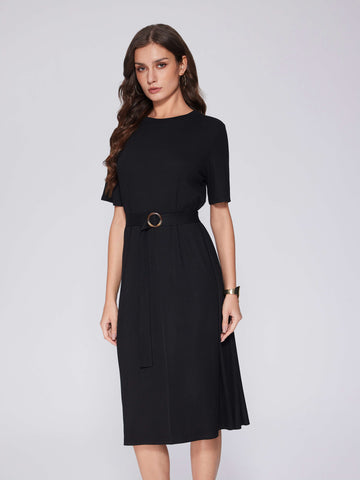 Casual Short Sleeve Midi Modest Crew Neck Dresses with Belt