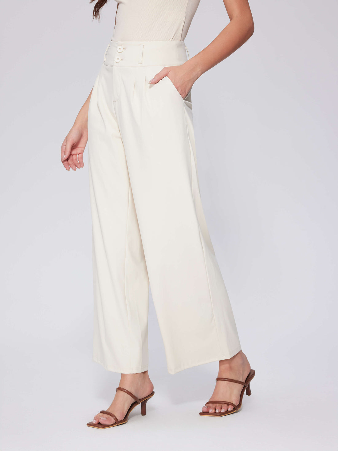 Wide Leg Pants Buttoned Stretchy High Waisted Business Casual Pants with Pockets