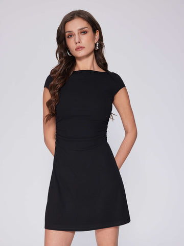 Short Cap Sleeve Boat Neck Ruched Summer Mini Dress