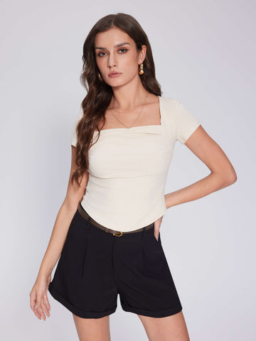 Summer Going Out Tops Ruched Square Neck Short Sleeve Slim Fit Tops