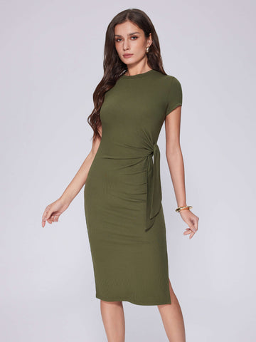 Casual Maxi Short Sleeve Slit Ruched Bodycon Crew Neck Midi Dress