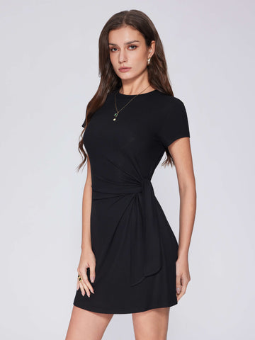 Tie Waist Crew Neck Wrap Short Sleeve Ruched Bodycon Mini Dress