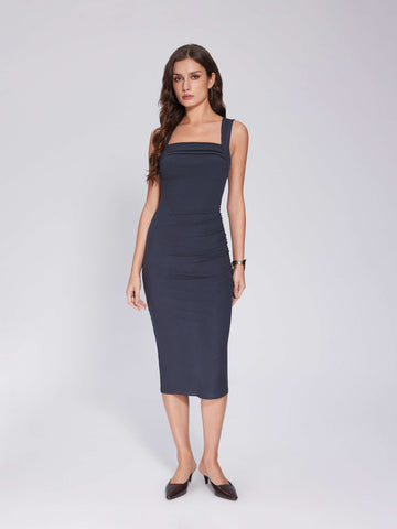 Sleeveless Ruched Square Neck Party Club Cocktail Bodycon Midi Dress