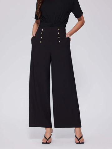 Straight Wide Leg High Waisted Buttoned Stretchy Dressy Pants