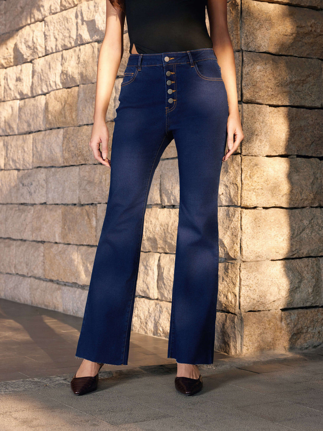 Button Down Bell Stetchy High Waisted Bootcut Flare Jeans with Pockets