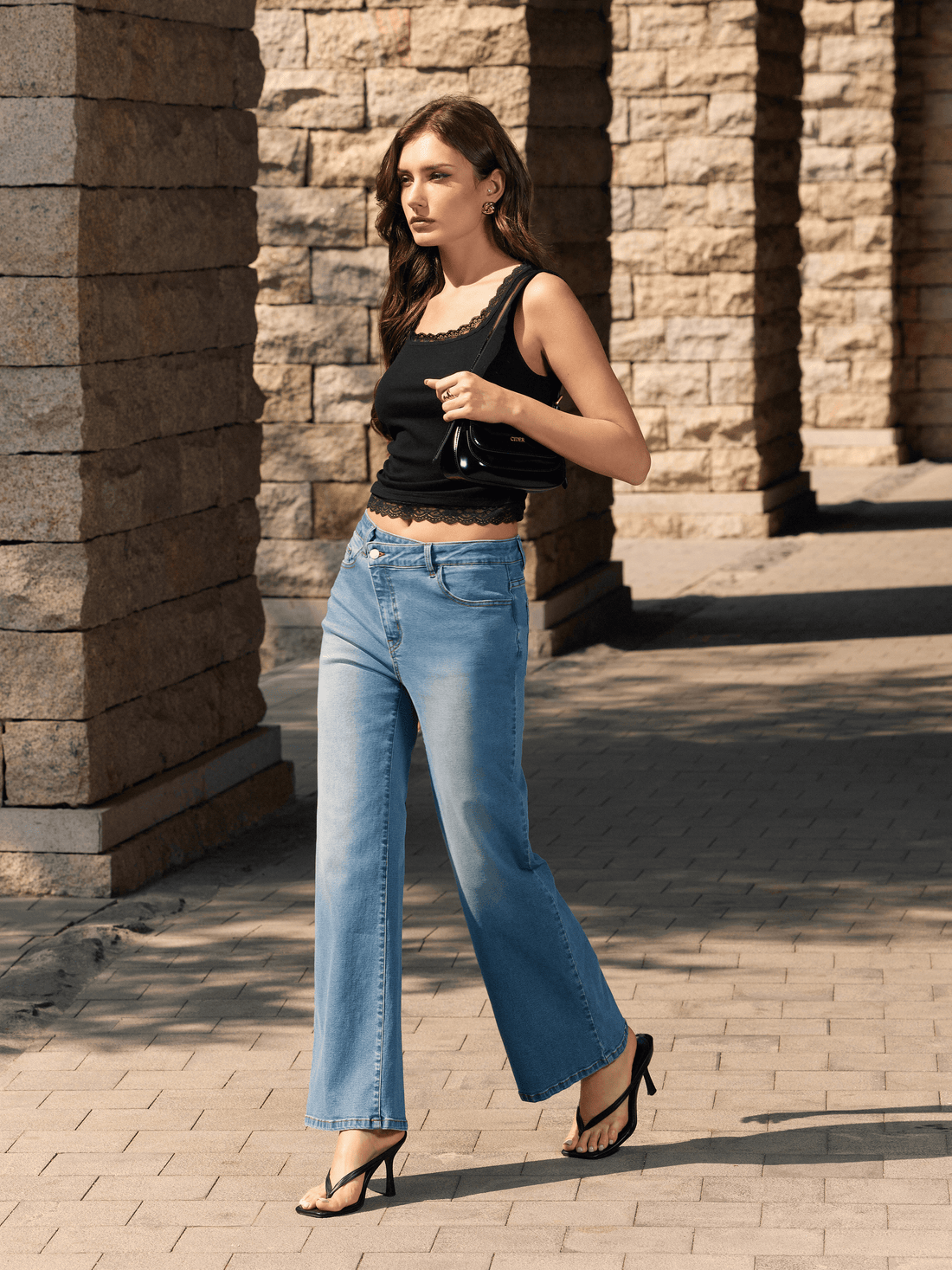 Stretchy Cross Fly High Waisted Wide Leg Baggy Jeans with Pockets