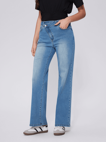 Stretchy Cross Fly High Waisted Wide Leg Baggy Jeans with Pockets