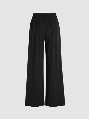 Solid Elastic Waist Wide Leg Pants