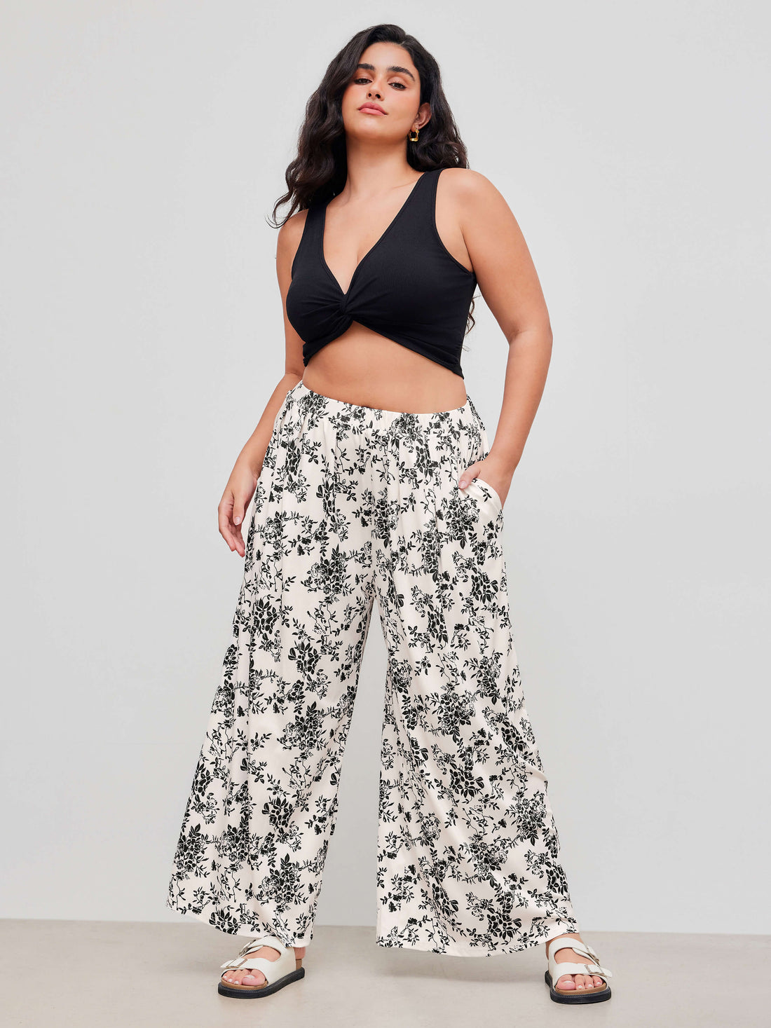 Solid Elastic Waist Pocket Wide Leg Pants Curve & Plus