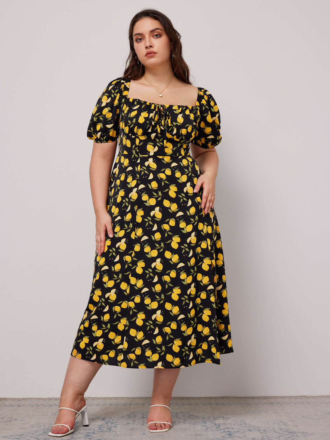 Fruit Square Neck Puff Sleeve Midi Dress Curve & Plus