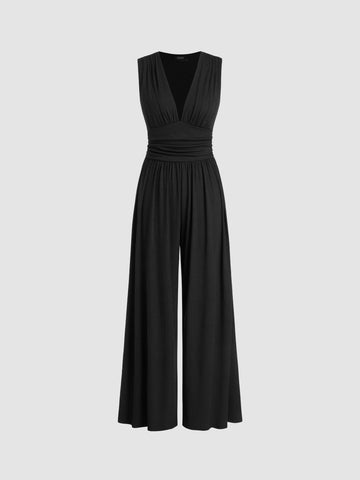 V-neck Ruched Solid Wide Leg Jumpsuit