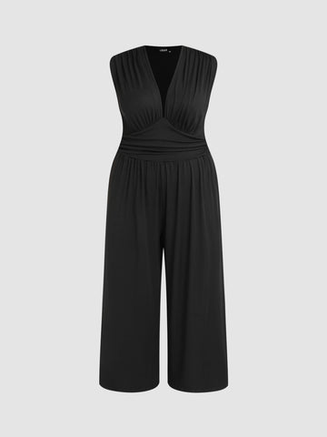 V-neck Ruched Solid Wide Leg Jumpsuit Curve & Plus