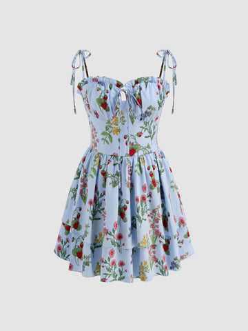 Woven Floral & Fruit Ruffle Hem Knotted Layered Mini Dress