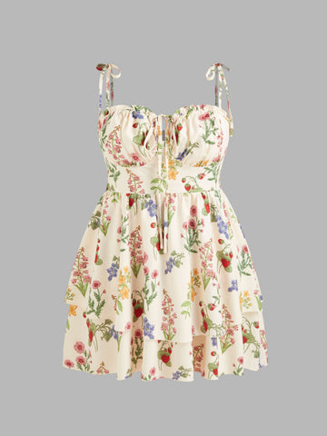Woven Floral Ruffle Hem Knotted Layered Mini Dress Curve & Plus