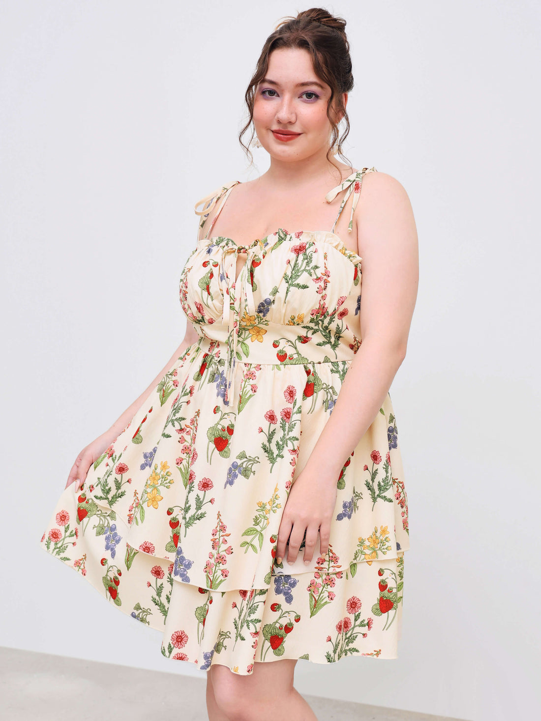 Woven Floral Ruffle Hem Knotted Layered Mini Dress Curve & Plus