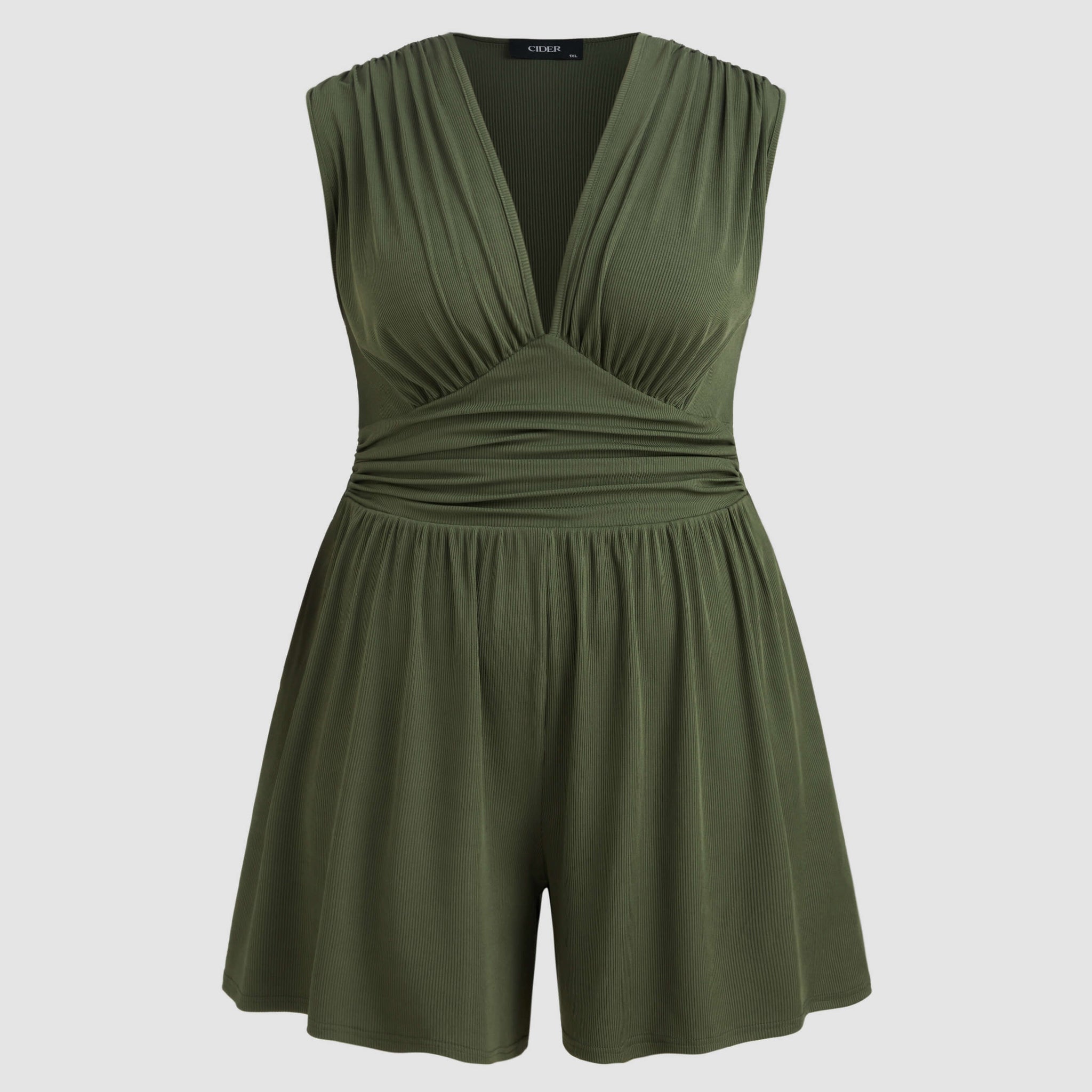 Jersey V-neck Solid Ruched Romper Curve & Plus