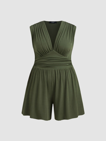 Jersey V-neck Solid Ruched Romper Curve & Plus