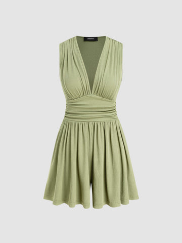 Jersey V-neck Solid Ruched Romper