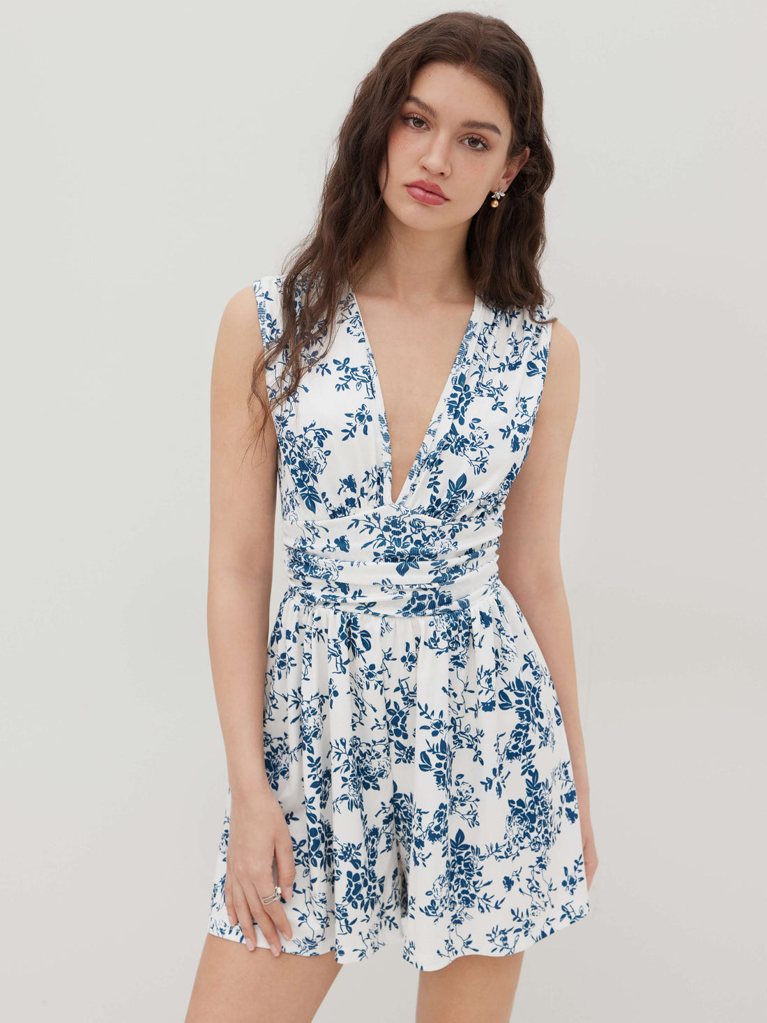 V-neck Floral Ruched Romper