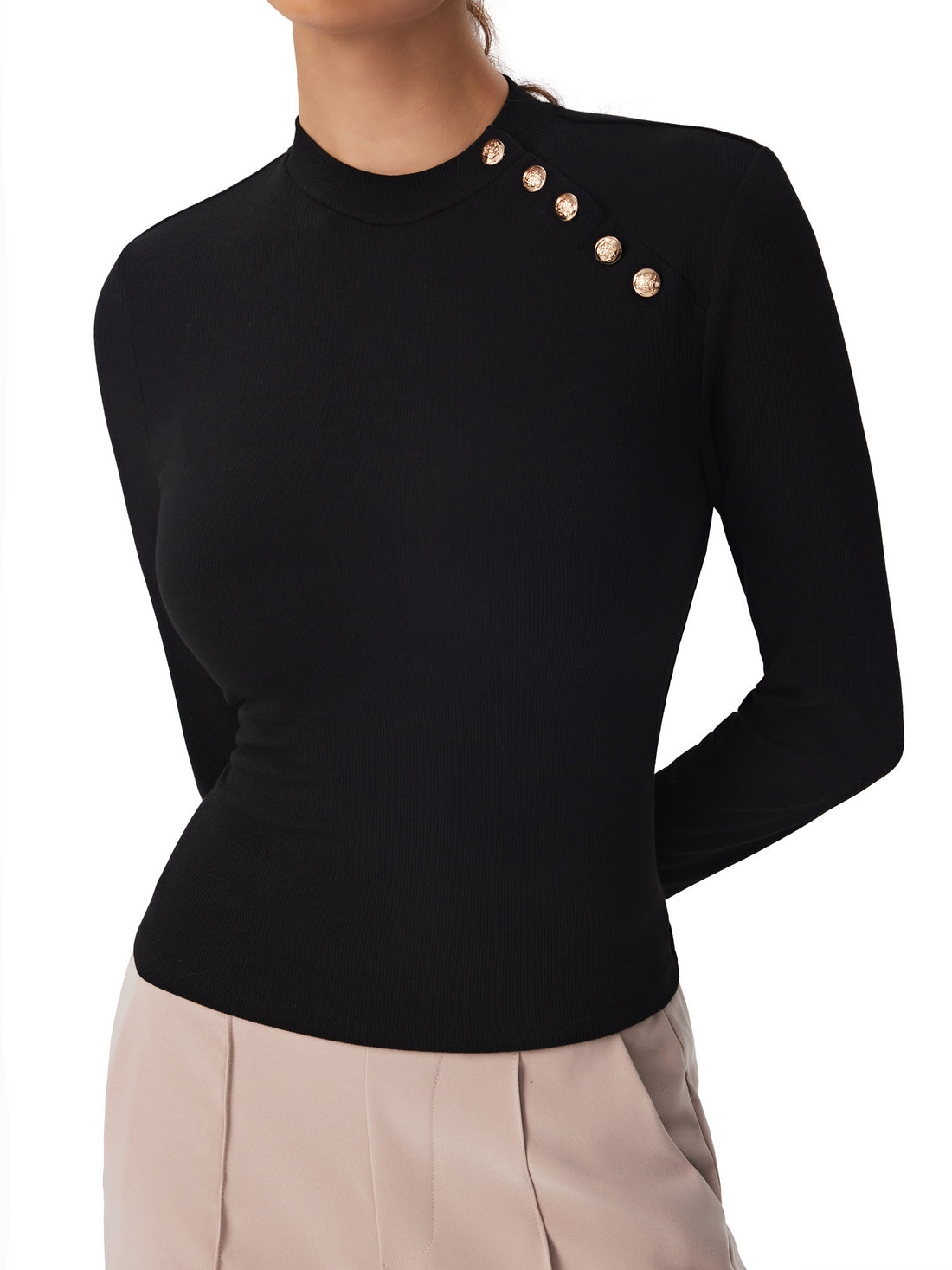Womens Ribbed Knit Top Long Sleeve Mock Neck Shirt Button Detail Blouse
