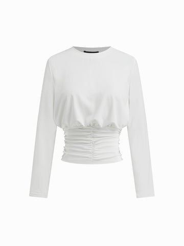 Women's White Long Sleeve Ruched Crew Neck Top Casual Blouse