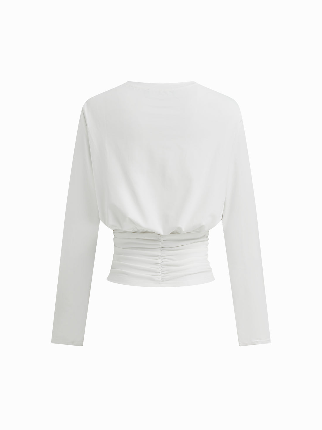 Women's White Long Sleeve Ruched Crew Neck Top Casual Blouse