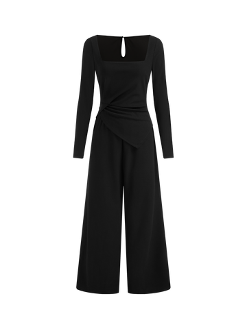 Women's Black Square Neck Long Sleeve Jumpsuit Wide Leg