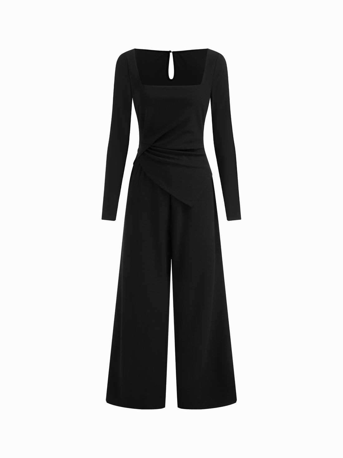 Women's Black Square Neck Long Sleeve Jumpsuit Wide Leg