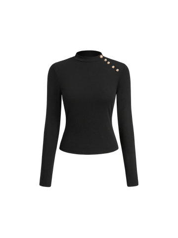Womens Ribbed Knit Top Long Sleeve Mock Neck Shirt Button Detail Blouse