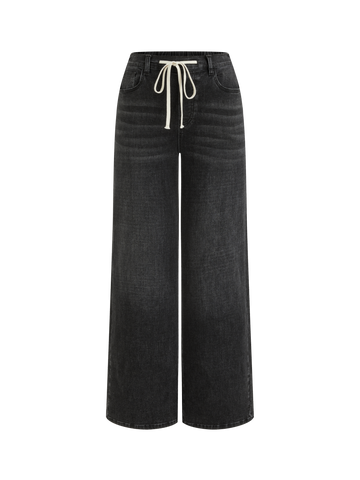 Women's Wide Leg Jeans High Waist Drawstring Black Denim Pants