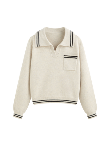 Womens Knitted Sweater V Neck Collared Long Sleeve Pullover