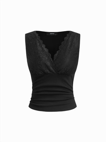 Womens Lace Trim Tank Top Sleeveless Wrap Front Cami Top